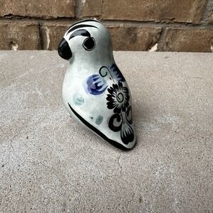 Vintage Mexican Tonala Folk Art Pottery Hand Painted Bird Figurine Blue Floral